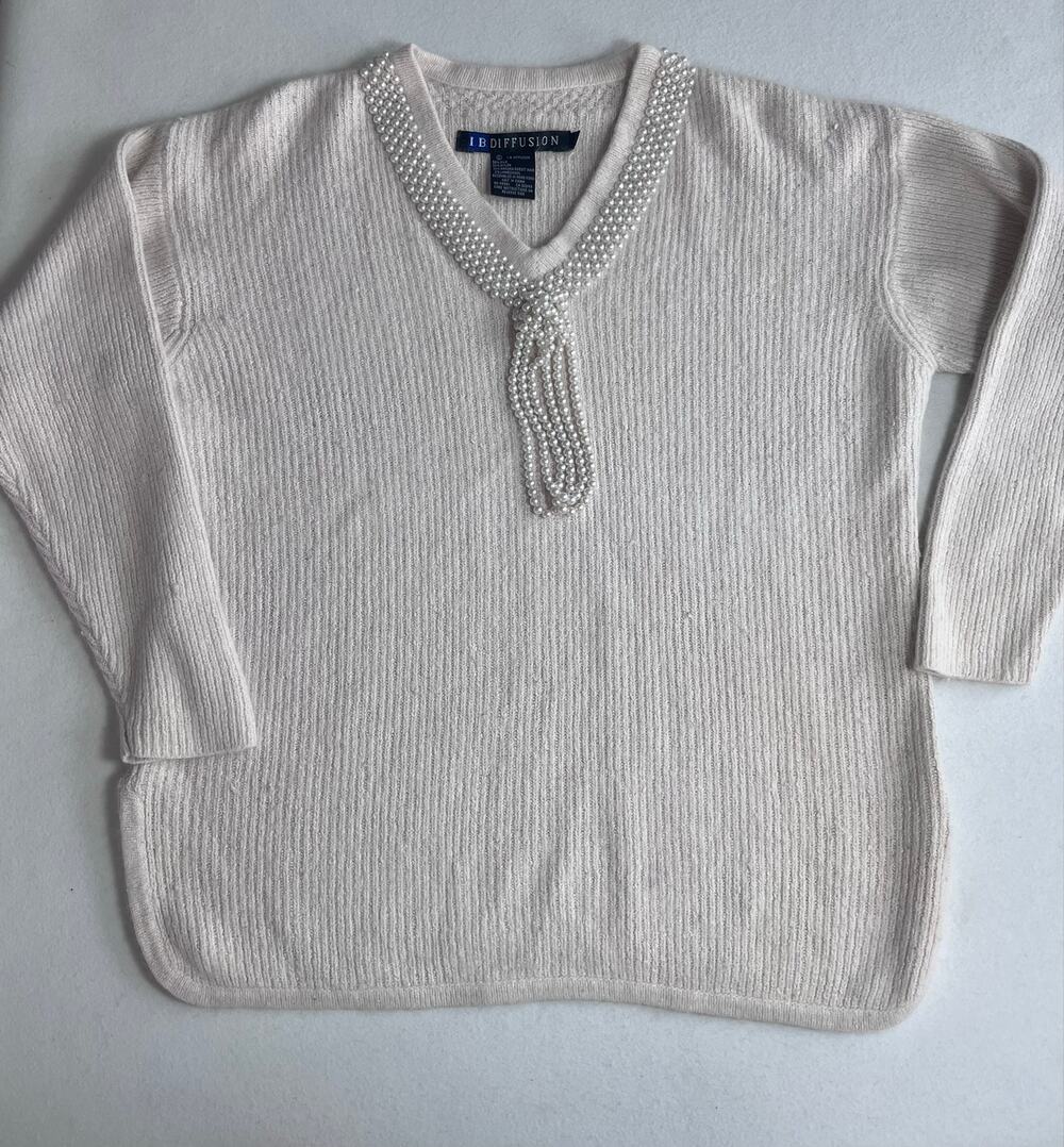 Vintage I.B. Diffusion Womens L Silk Angora Pearl Beaded Sweater Ivory 80s